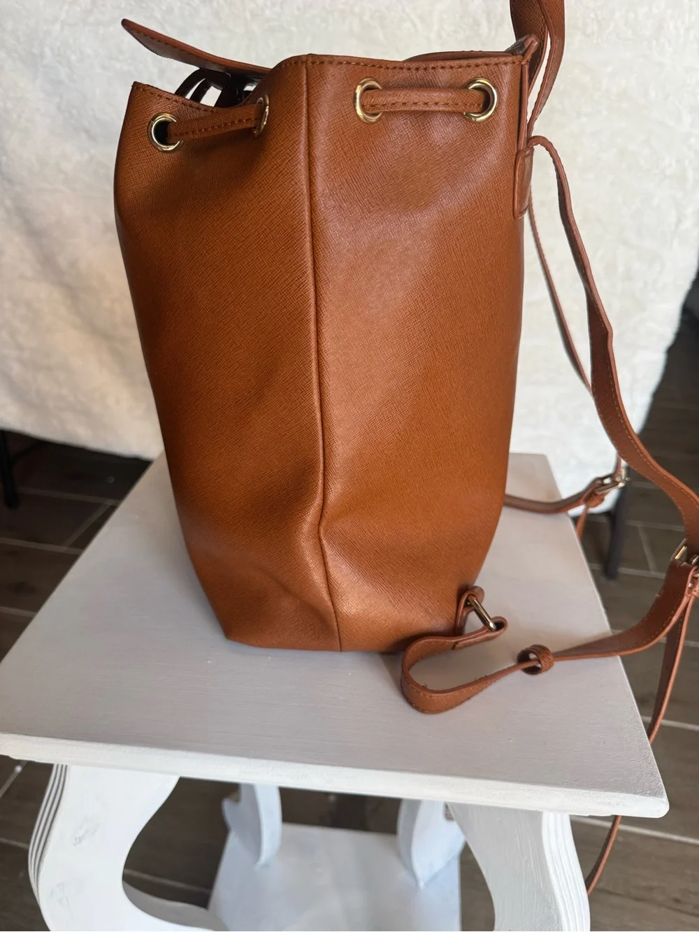 Barneys New York Cognac Saffiano Leather Bucket Backpack